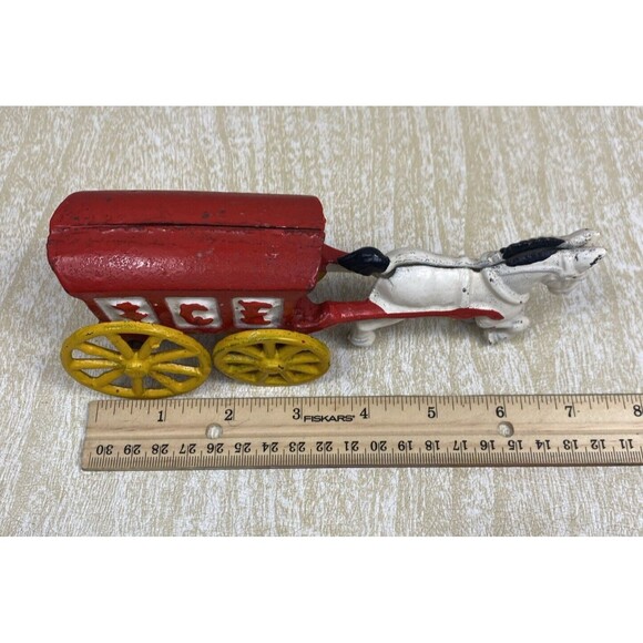 Vintage Cast Iron Horse Drawn Carriage Ice Cart Truck Wagon Toy Red White - Picture 7 of 9